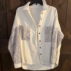 SHEIN White and Brown Leopard Print Button Down Shirt